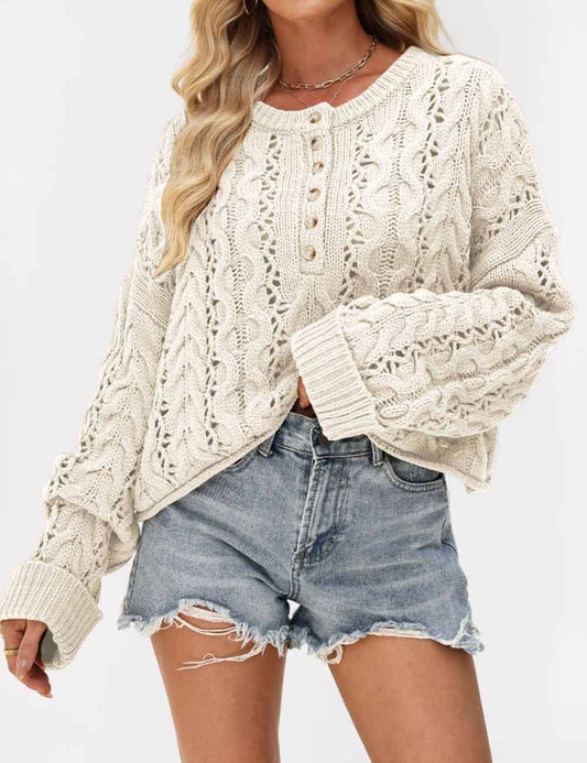 Cable Knit 1/4 Button Sweater/Eggshell