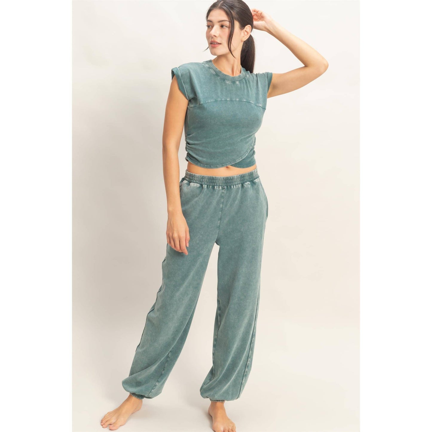 Wrap-Front Crop Top Jogger SET/Dark Teal