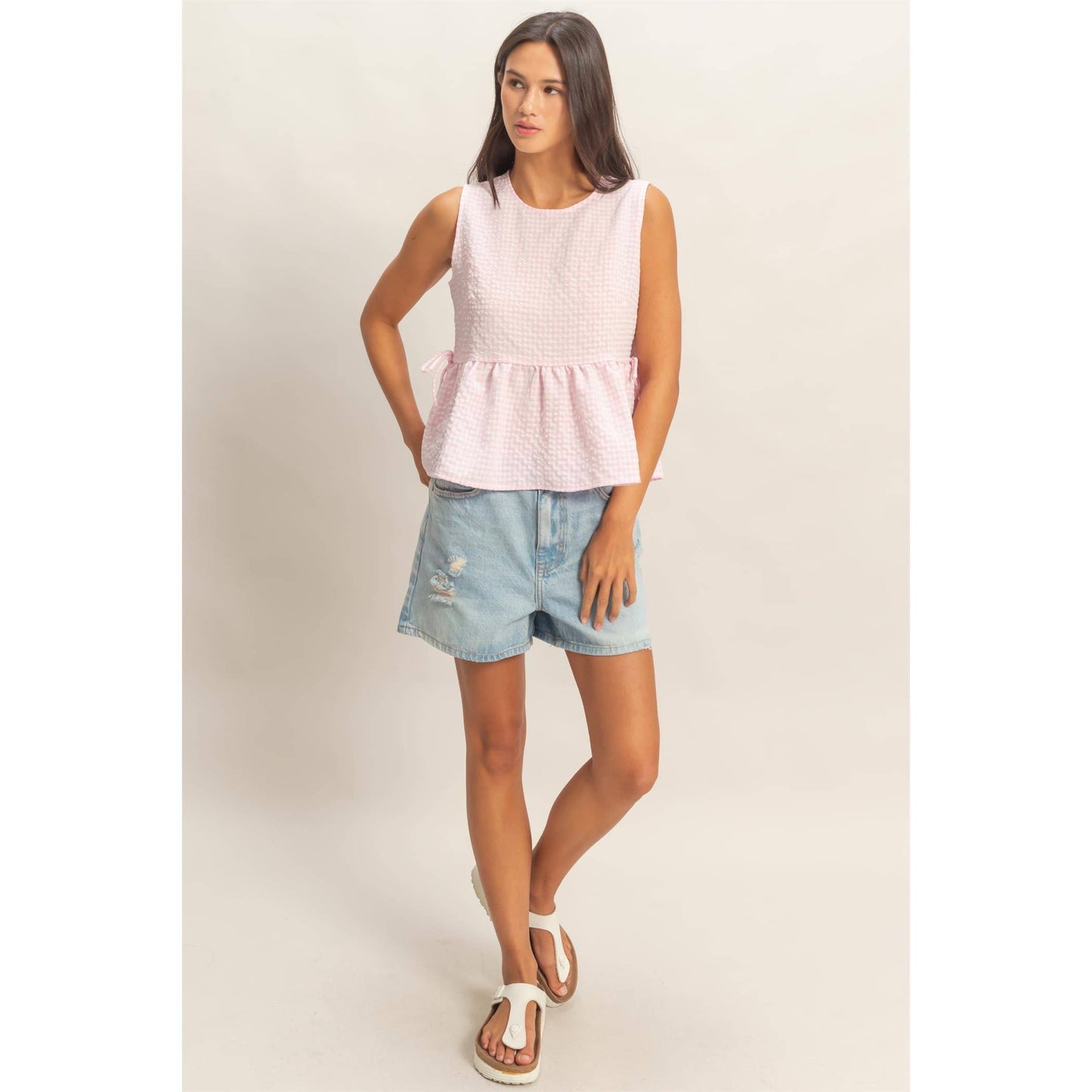Gingham Sleeveless Peplum Top/pink