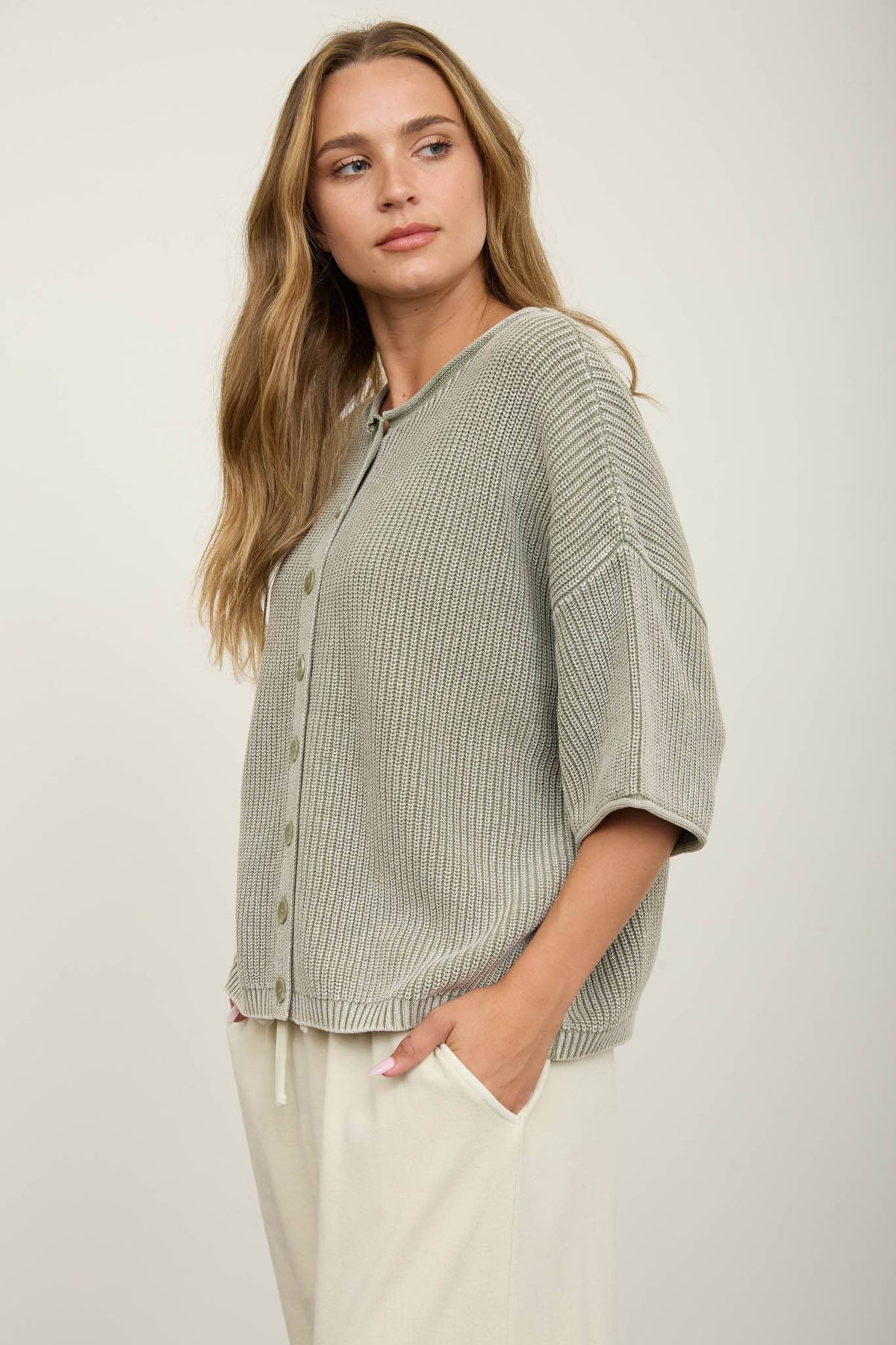Button Down Short Sleeve Cardigan/LIGHT OLIVE