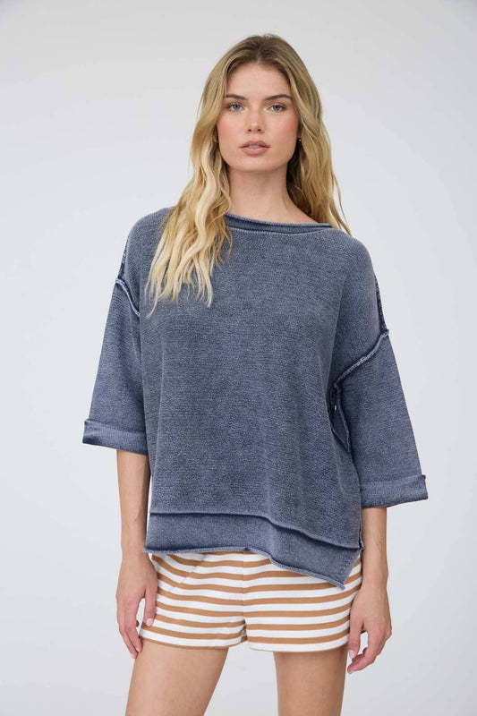 REVERSE SEAM 3/4 SLEEVE SWEATER/NAVY