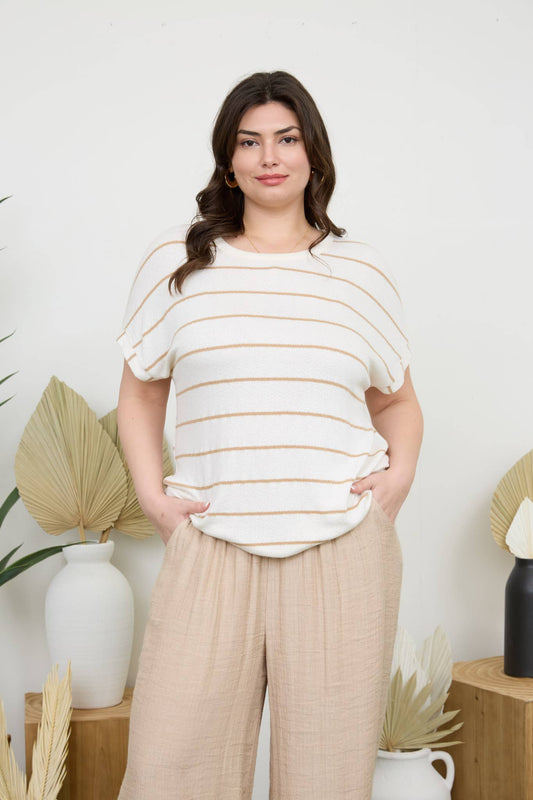 STRIPED CUFF SLEEVE KNIT TOP/CREAM