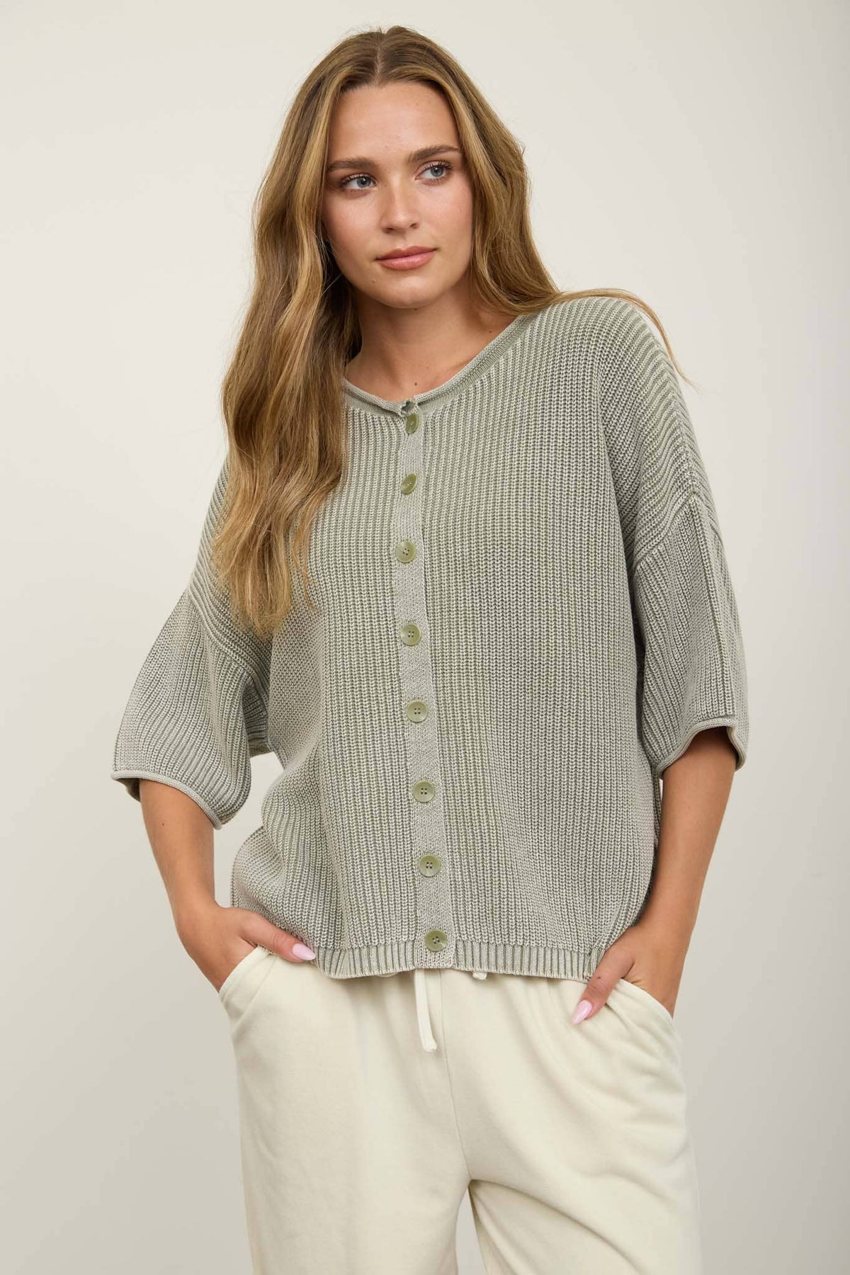 Button Down Short Sleeve Cardigan/LIGHT OLIVE