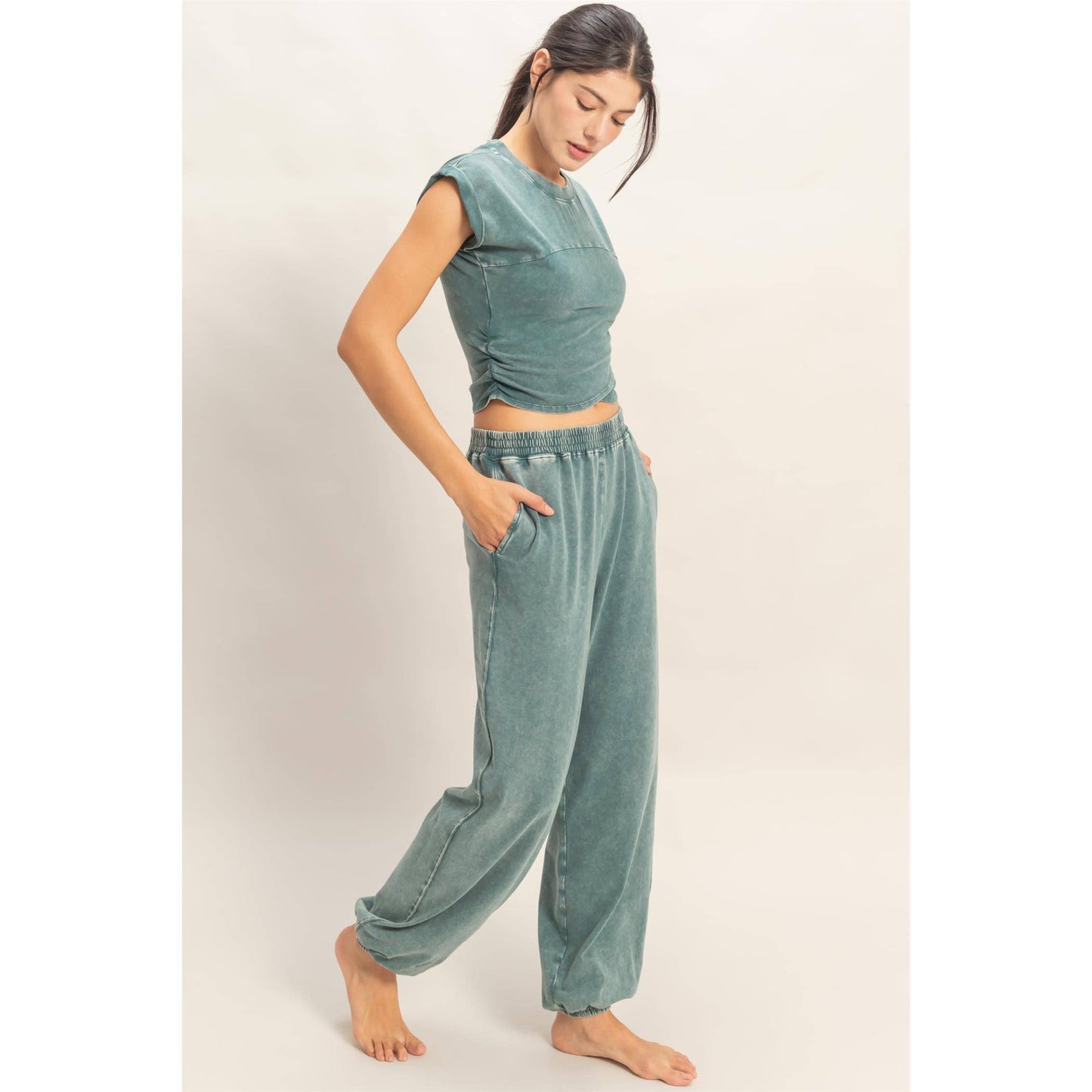 Wrap-Front Crop Top Jogger SET/Dark Teal
