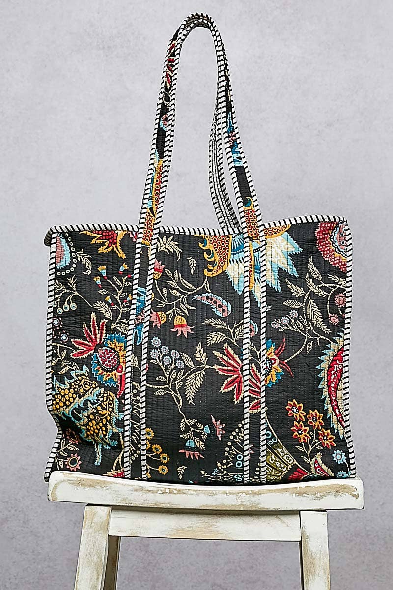 Quilted Tote Bag: BLACK MULTI