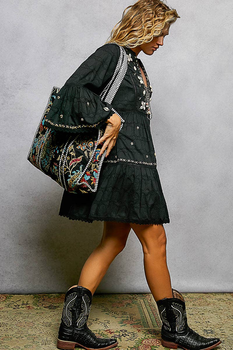 Quilted Tote Bag: BLACK MULTI