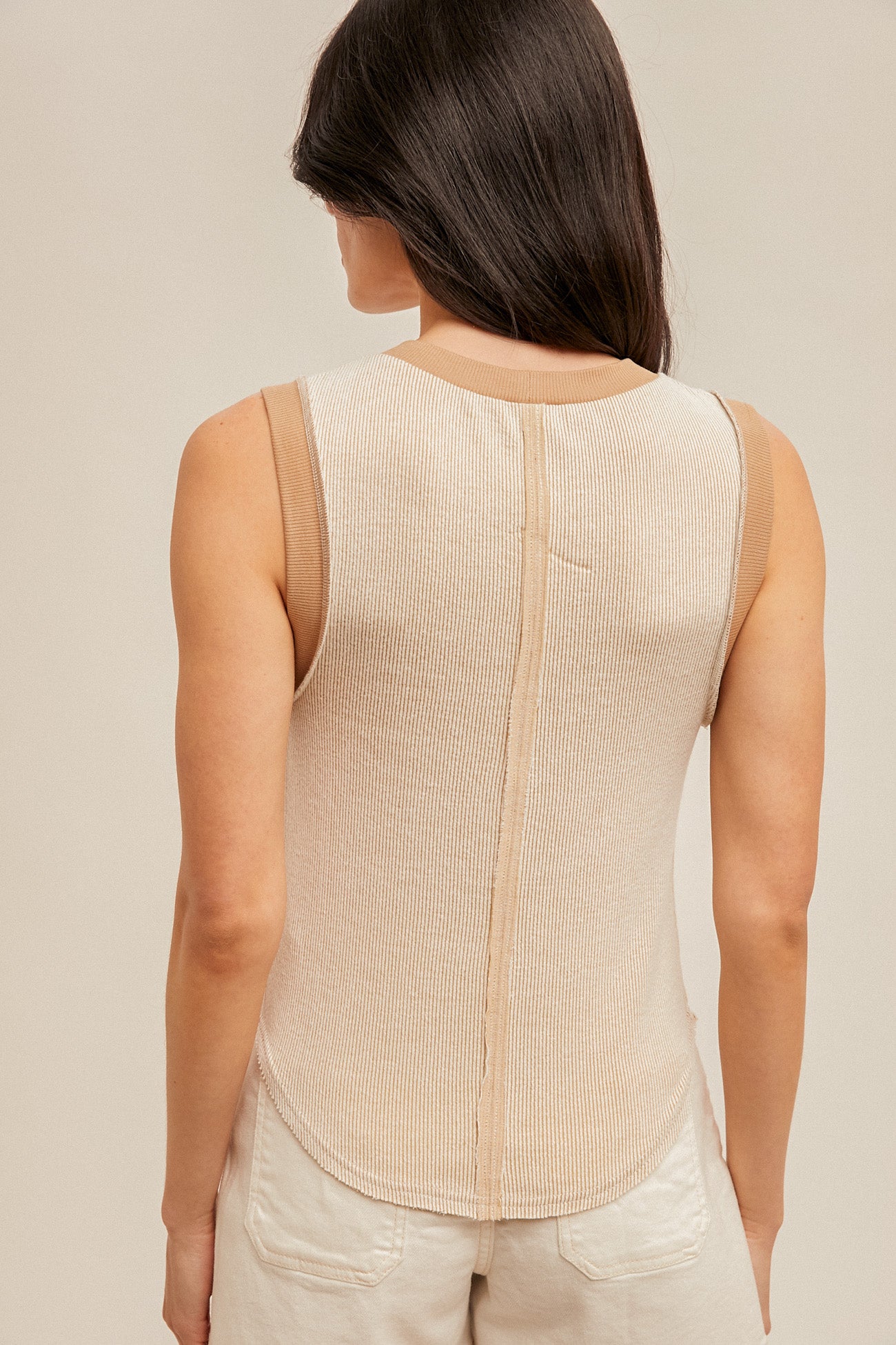 Ribbed Knit 2Tone Tank-Taupe