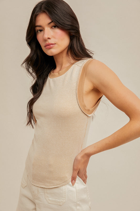 Ribbed Knit 2Tone Tank-Taupe
