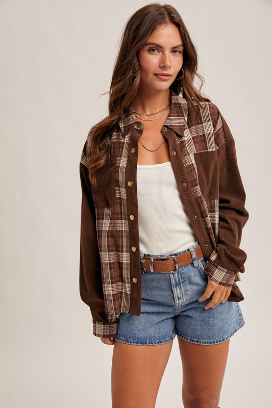 Mixed Plaid Button Up/Brown