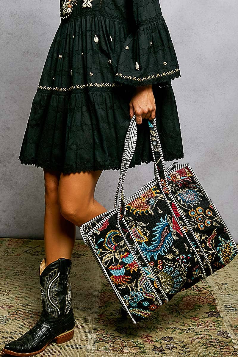 Quilted Tote Bag: BLACK MULTI