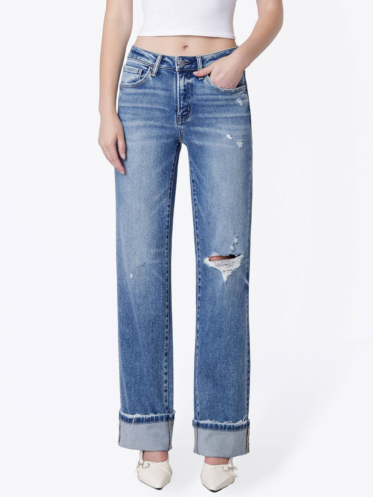 Slim Wide Leg Cuffed Jeans