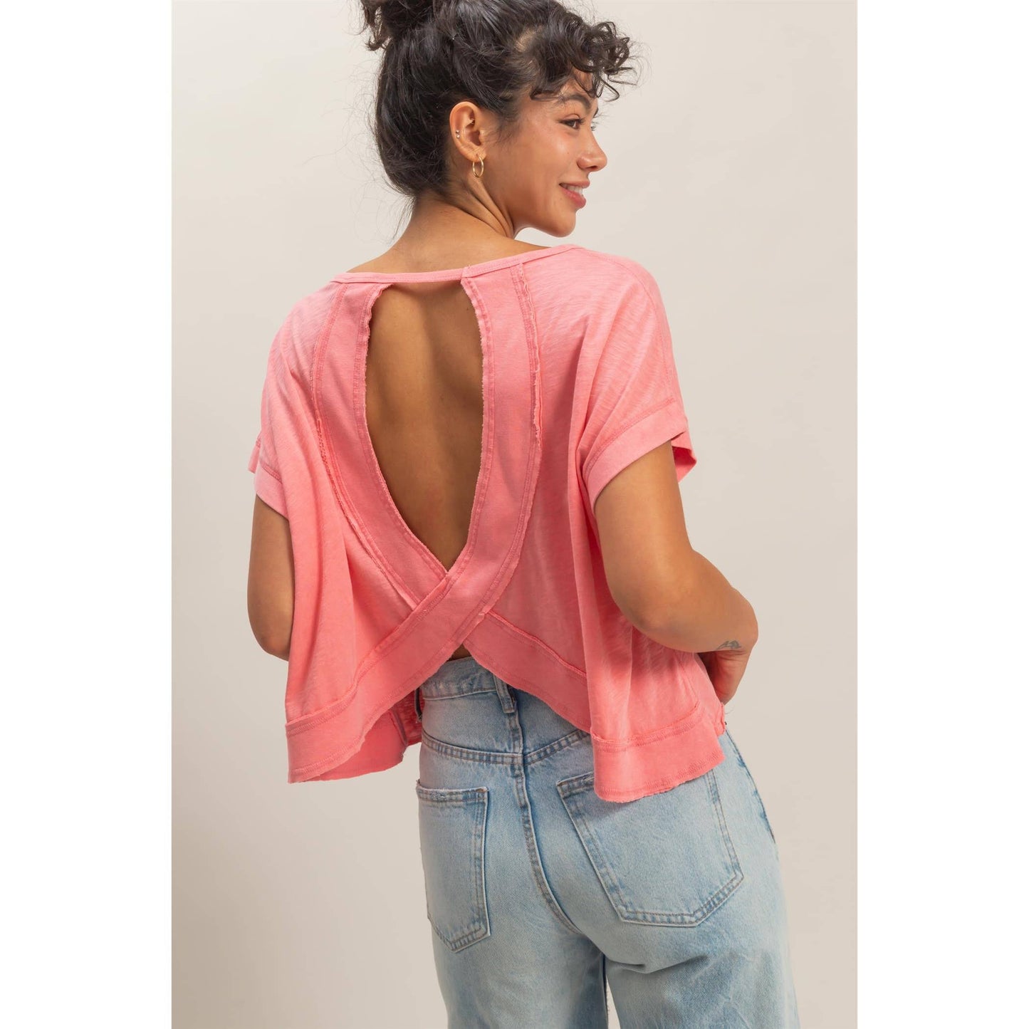 Cross Detail Open Back Top/taffy pink