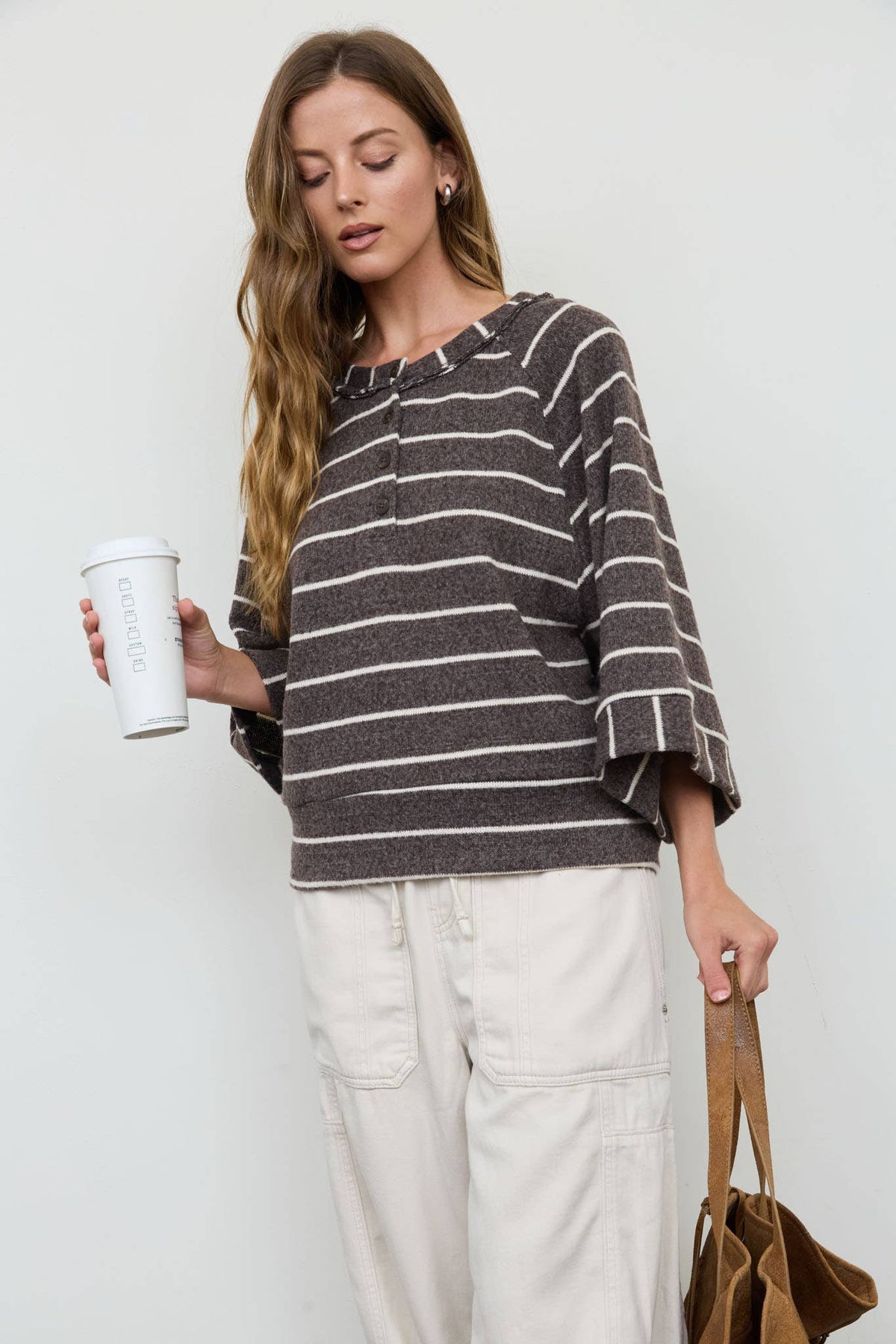 STRIPE HENLEY WIDE SLEEVE/Drk Brown