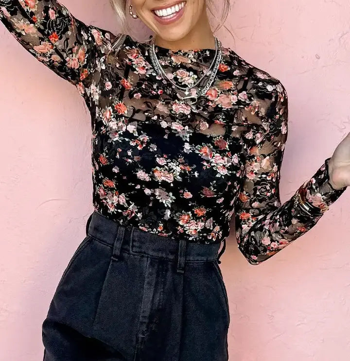 Black Embossed Floral Sheer