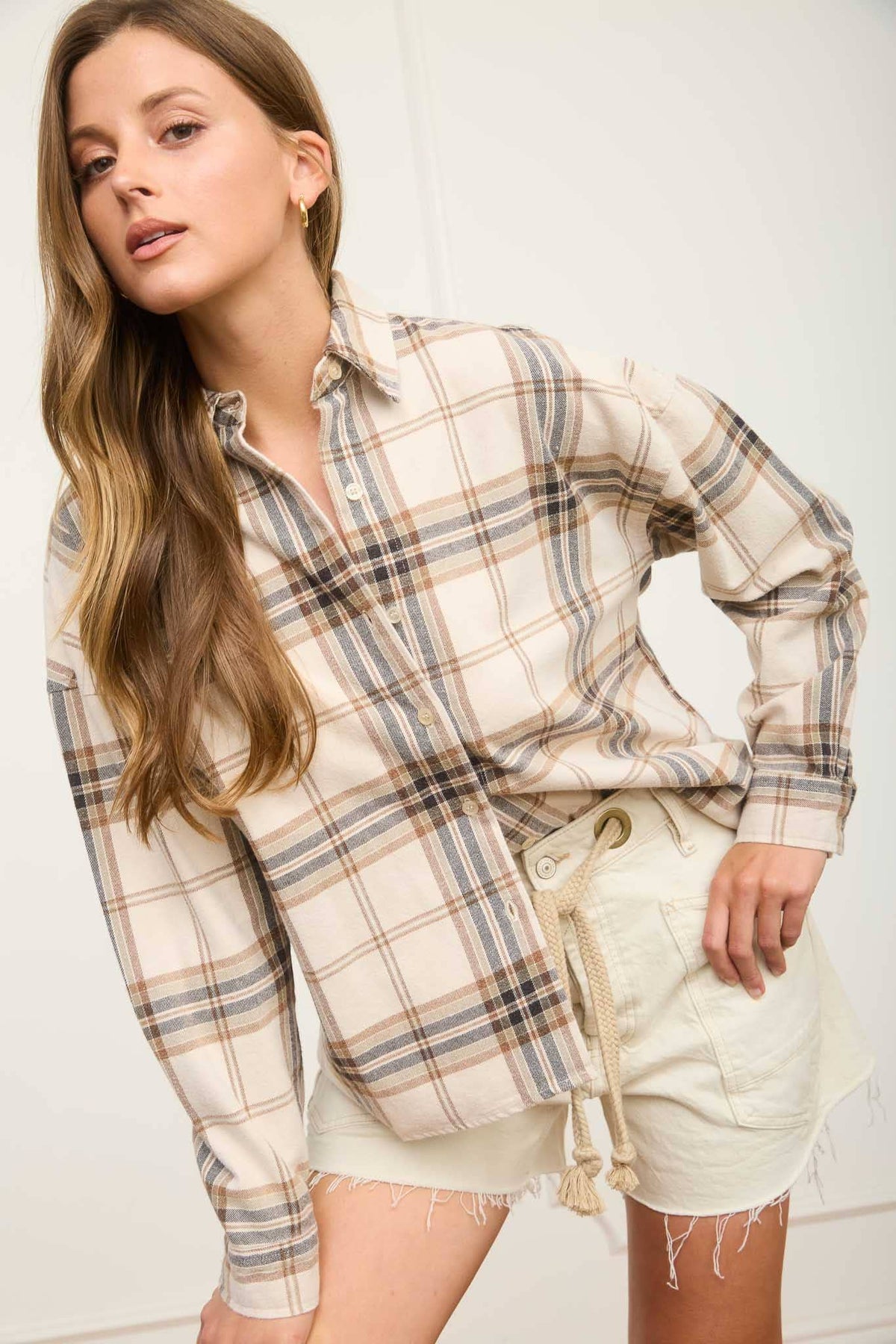 BOXY FLANNEL BUTTON DOWN/CREAM KHAKI