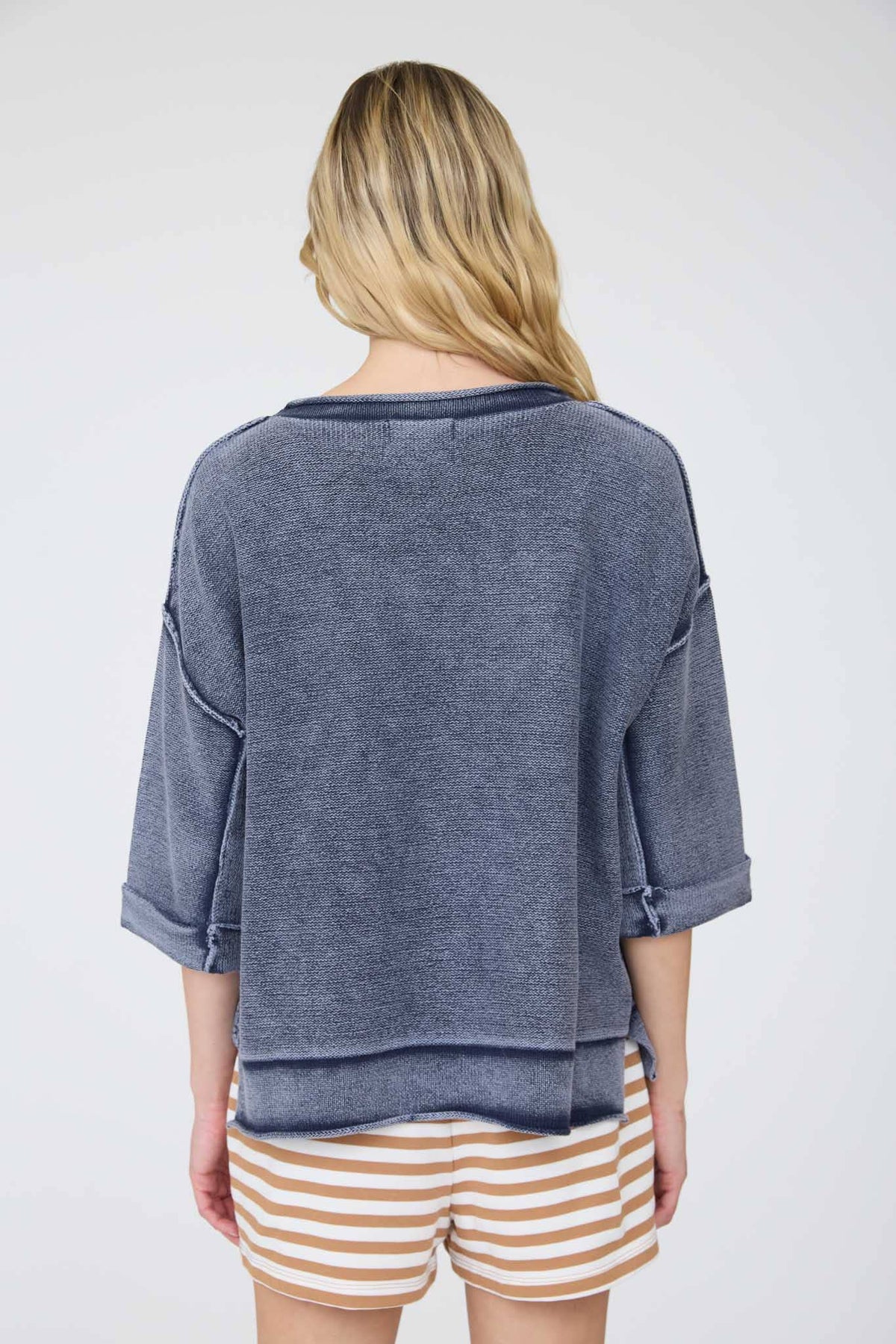 REVERSE SEAM 3/4 SLEEVE SWEATER/NAVY