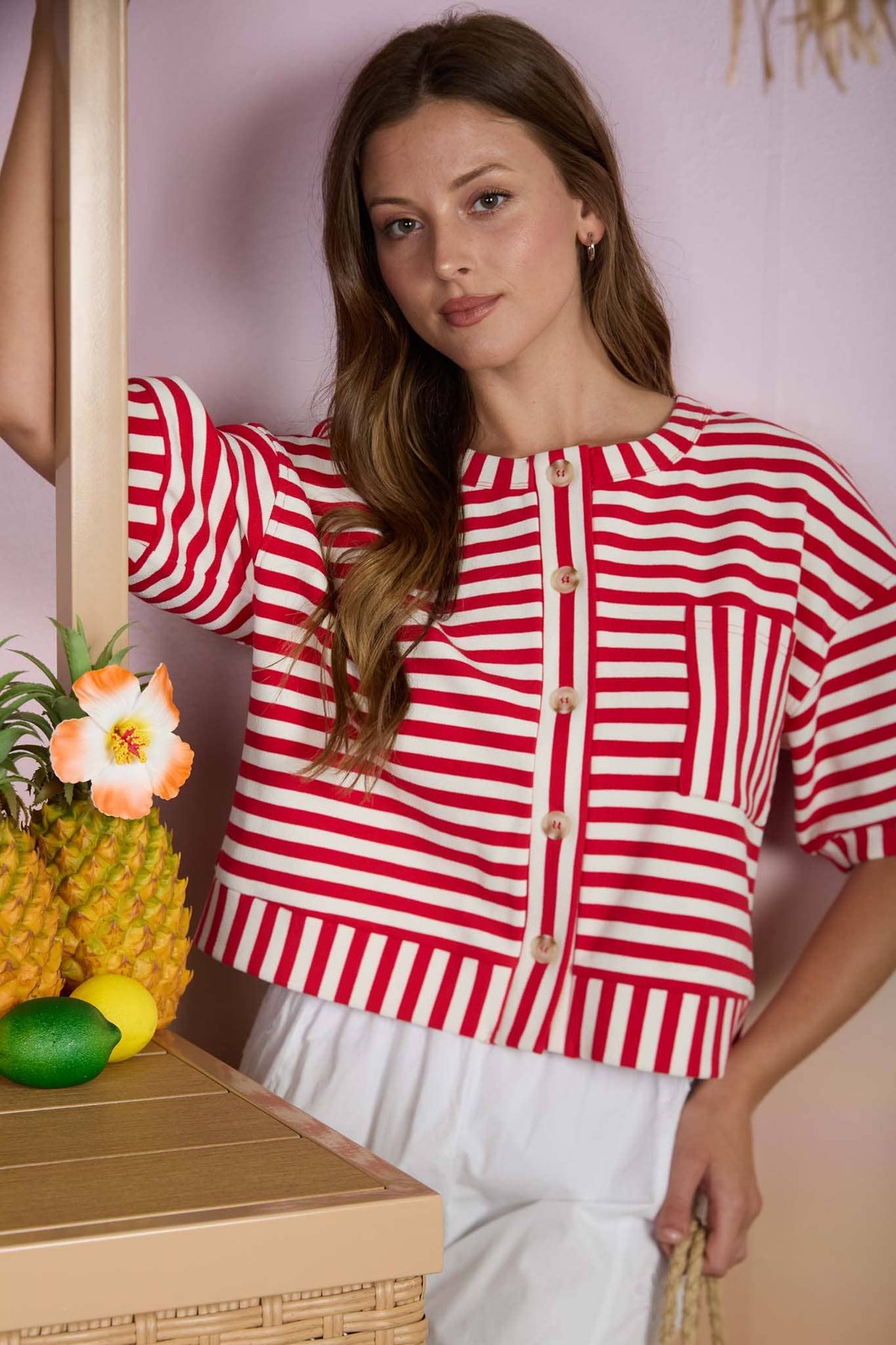 STRIPE PATTERN BUTTON SHORT SLEEVE/RED