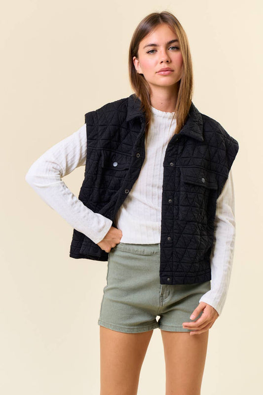 QUILTED PATCHED VEST/ BLACK