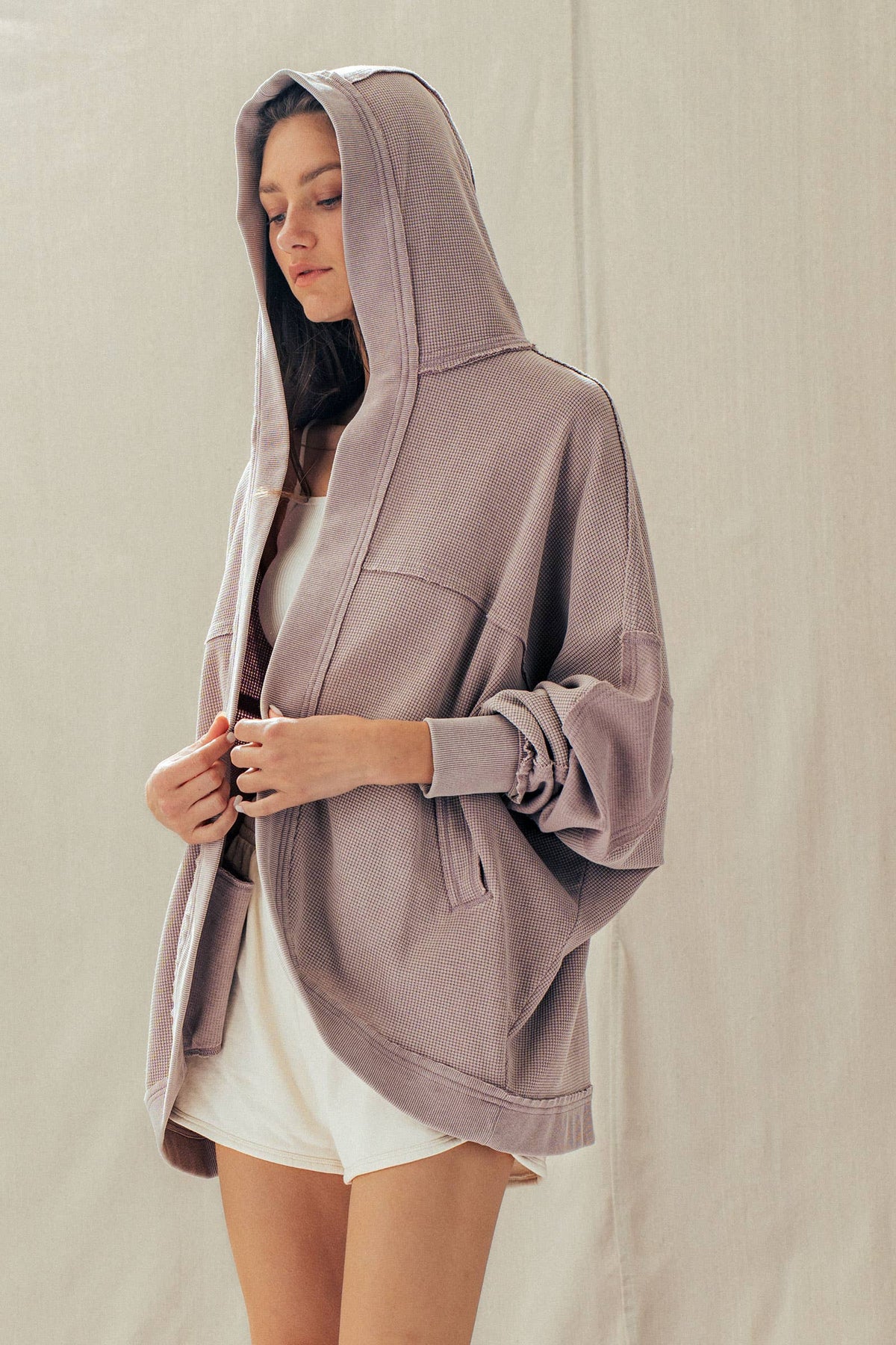 Waffle Knit Hooded Cardigan/Washed Lilac
