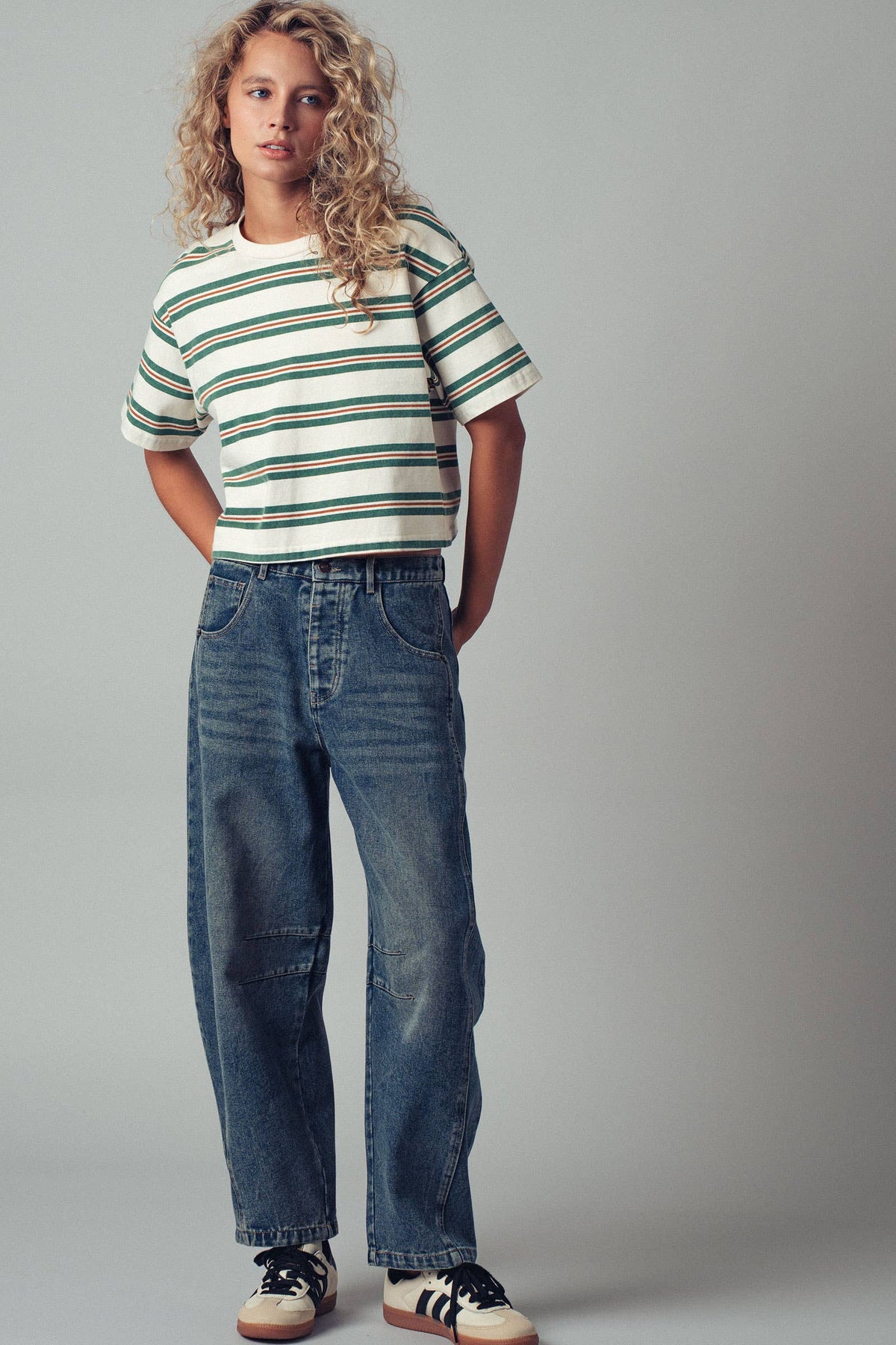Vintage Striped Crop Tee/green & cream