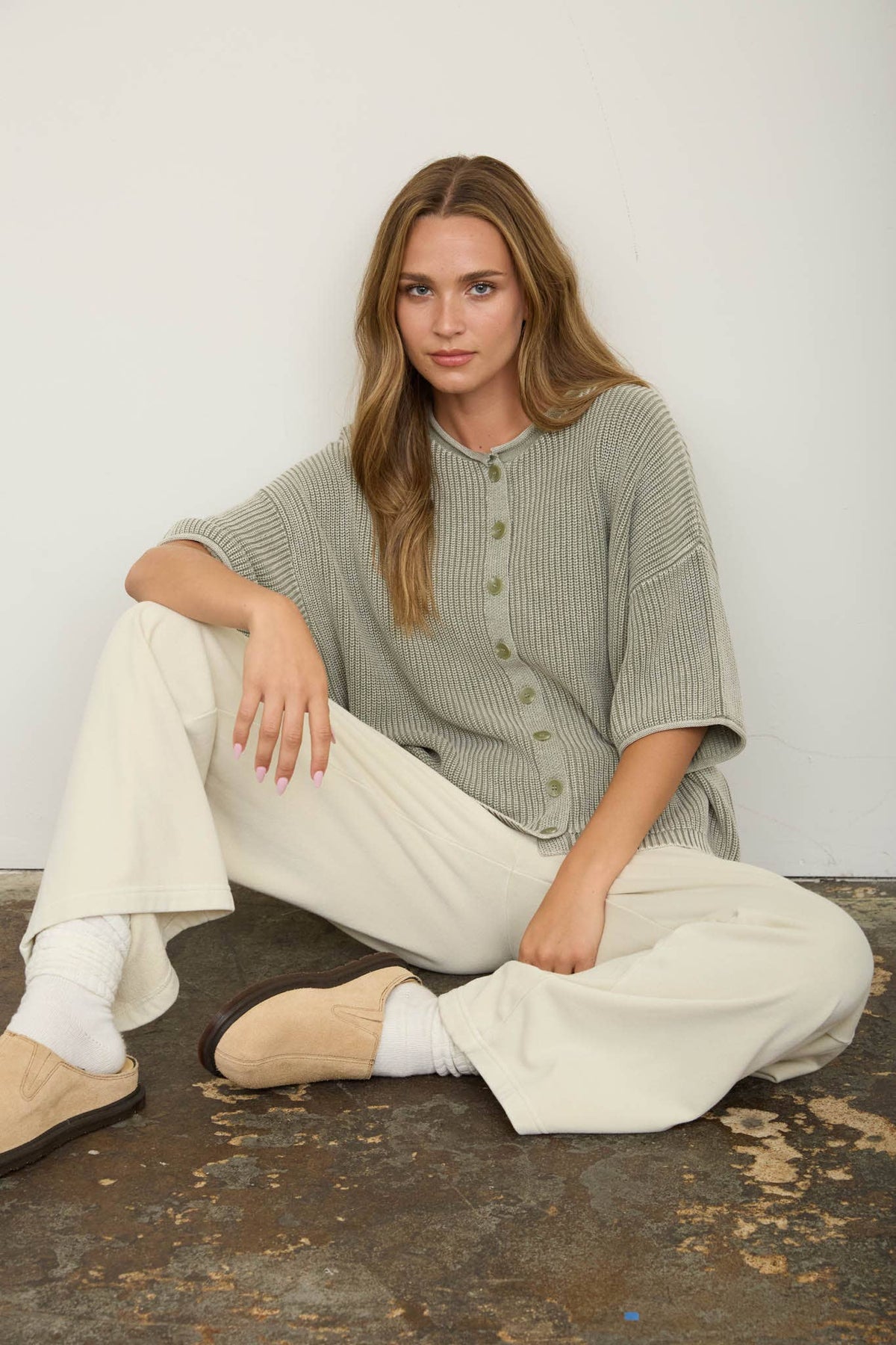 Button Down Short Sleeve Cardigan/LIGHT OLIVE