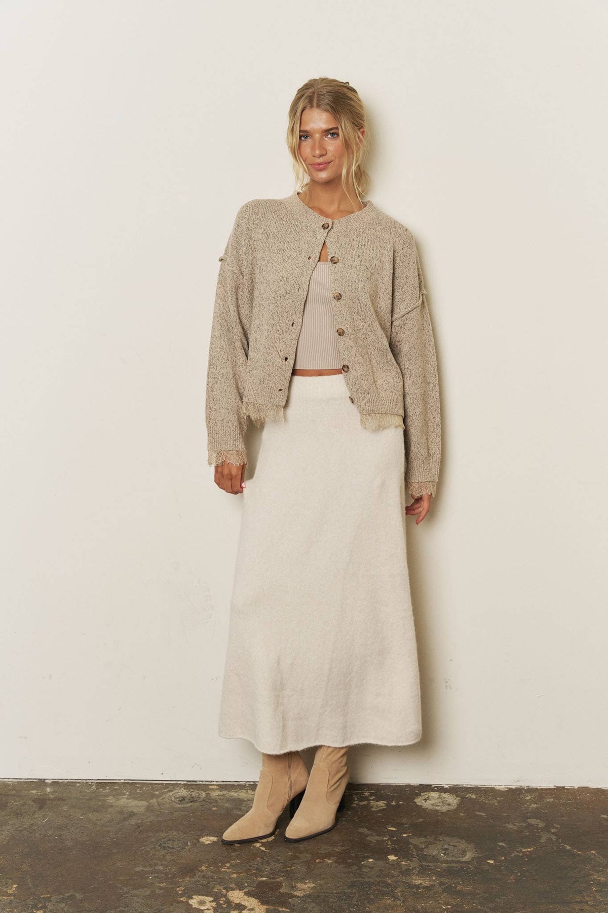 LACE TRIM BUTTON CARDI/OAT