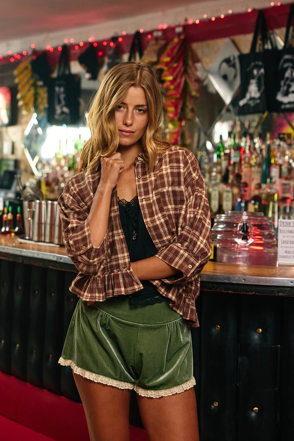 Plaid Ruffle Hemline Button Up/Brown