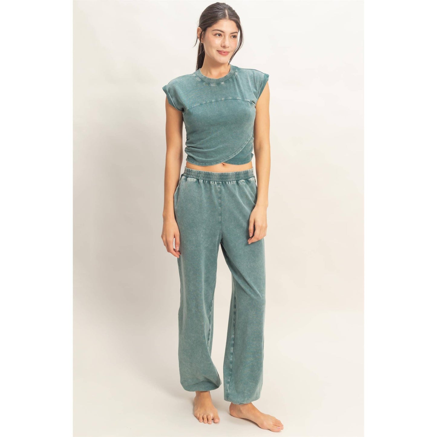 Wrap-Front Crop Top Jogger SET/Dark Teal