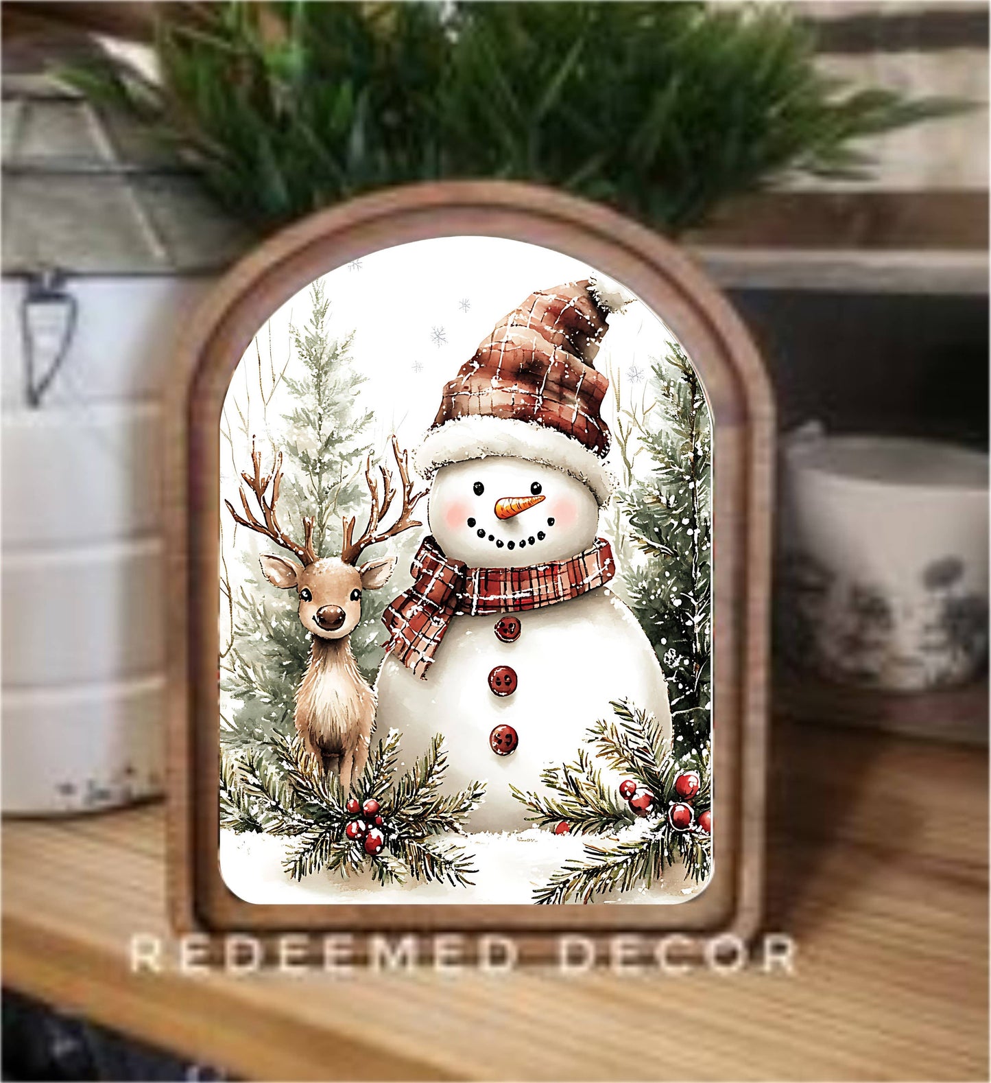Arch Top Snowman Deer Framed Art  : 6x8"