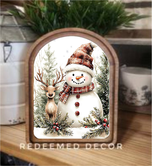 Arch Top Snowman Deer Framed Art  : 6x8"