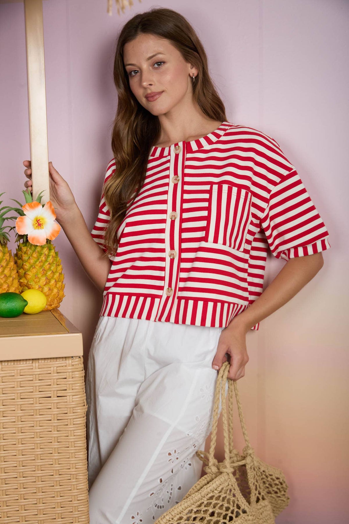 STRIPE PATTERN BUTTON SHORT SLEEVE/RED