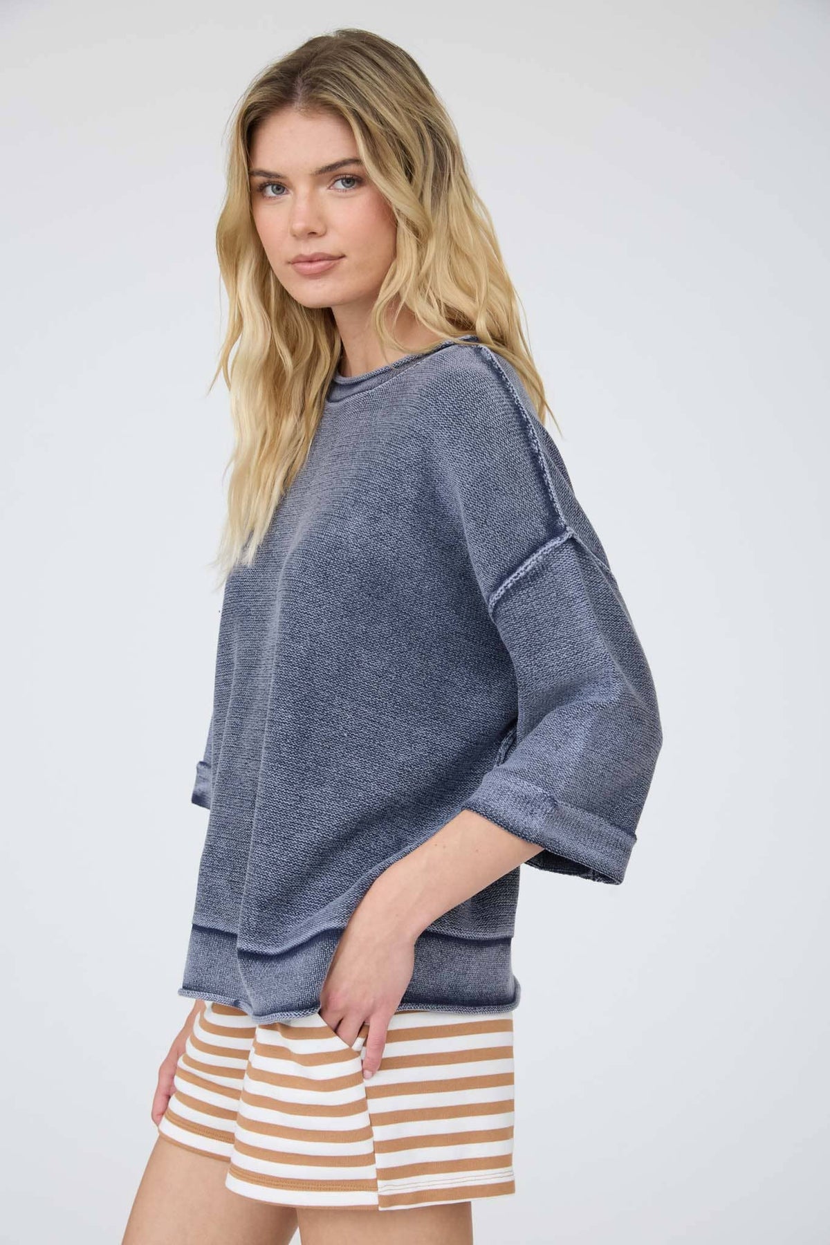 REVERSE SEAM 3/4 SLEEVE SWEATER/NAVY