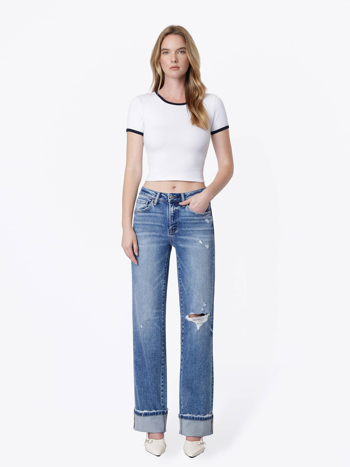 Slim Wide Leg Cuffed Jeans