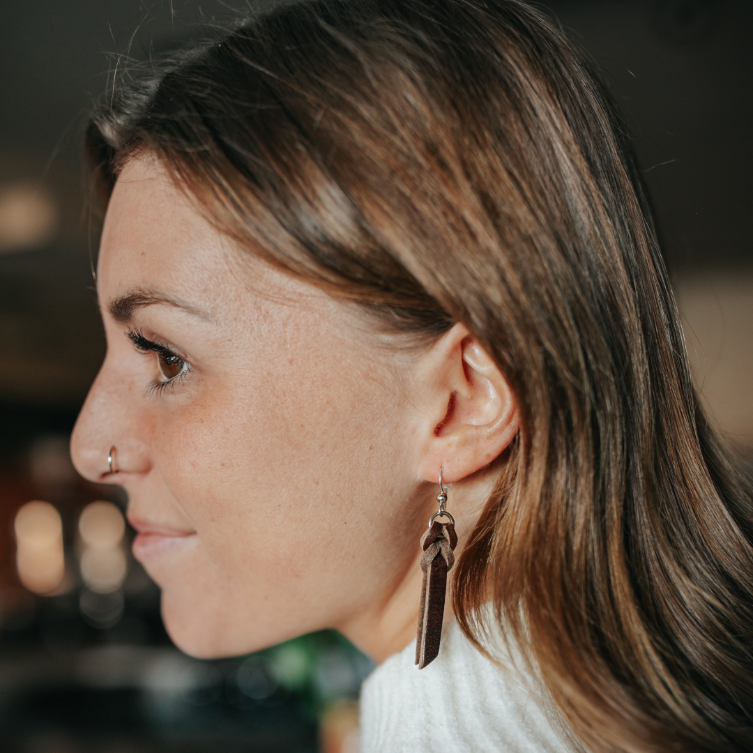 Braided Leather Drop Earrings: Gray
