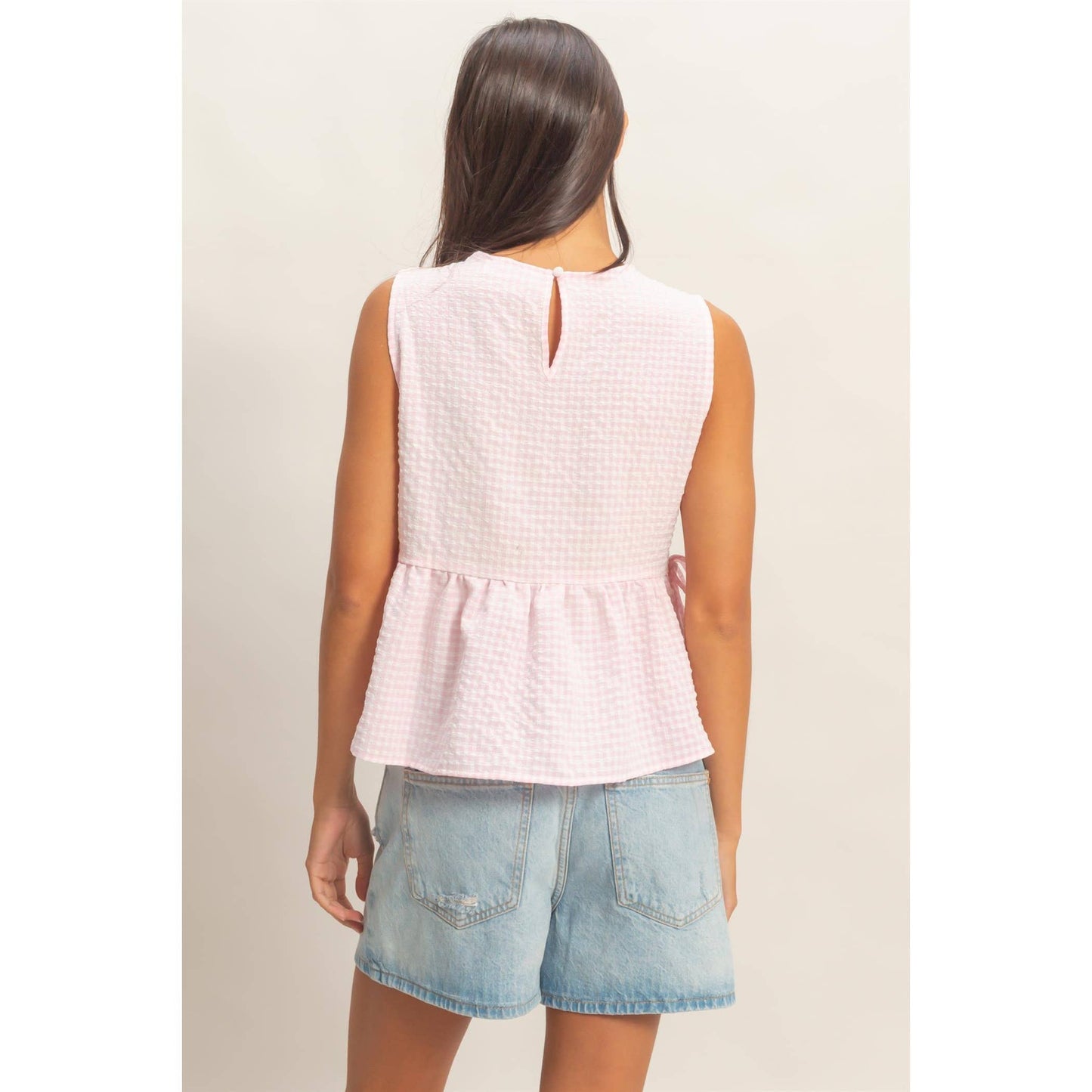 Gingham Sleeveless Peplum Top/pink