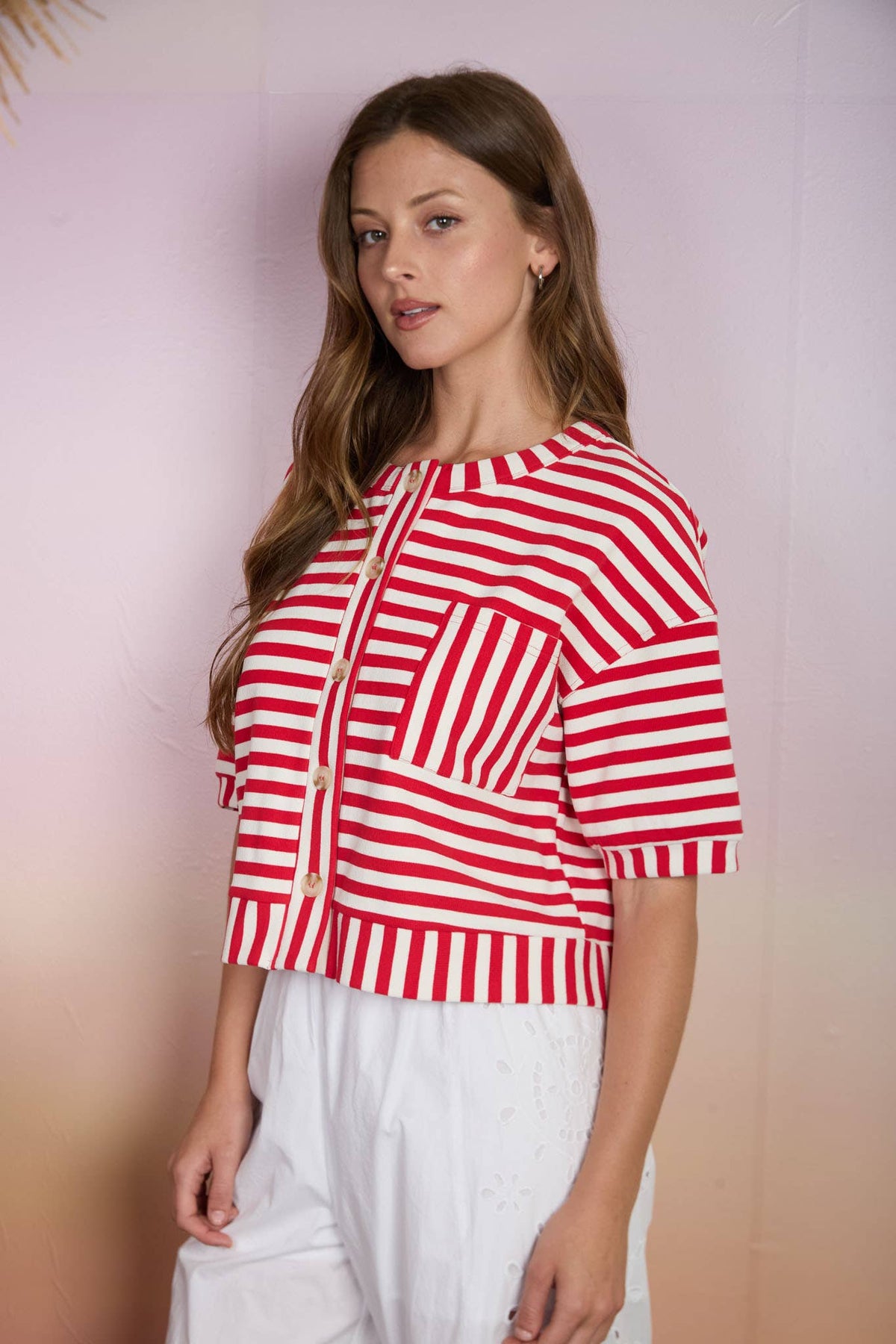 STRIPE PATTERN BUTTON SHORT SLEEVE/RED