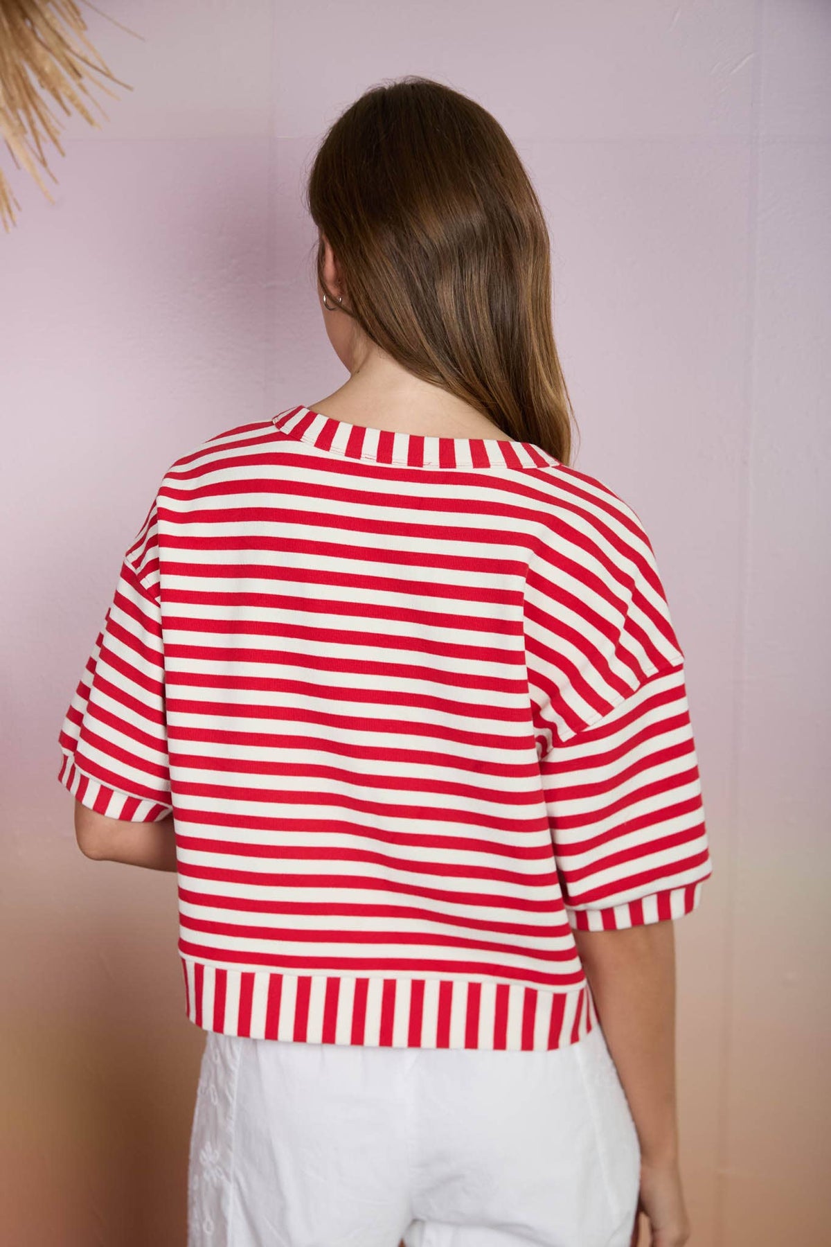 STRIPE PATTERN BUTTON SHORT SLEEVE/RED