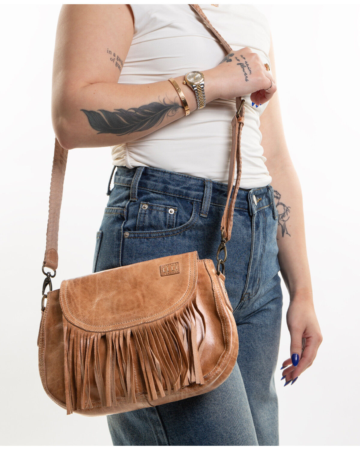BED STU EASTEND FRINGE CROSSBODY in TAN