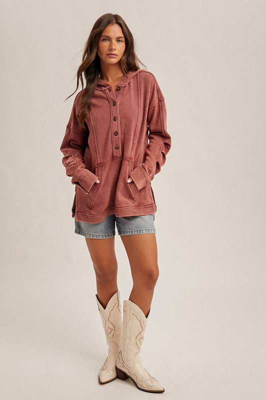 Burgundy Ruched Sleeve Hoodie