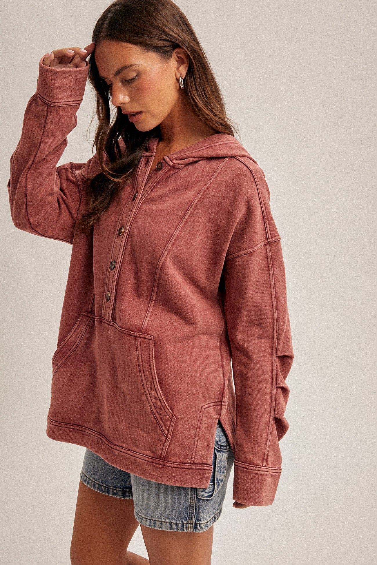 Burgundy Ruched Sleeve Hoodie