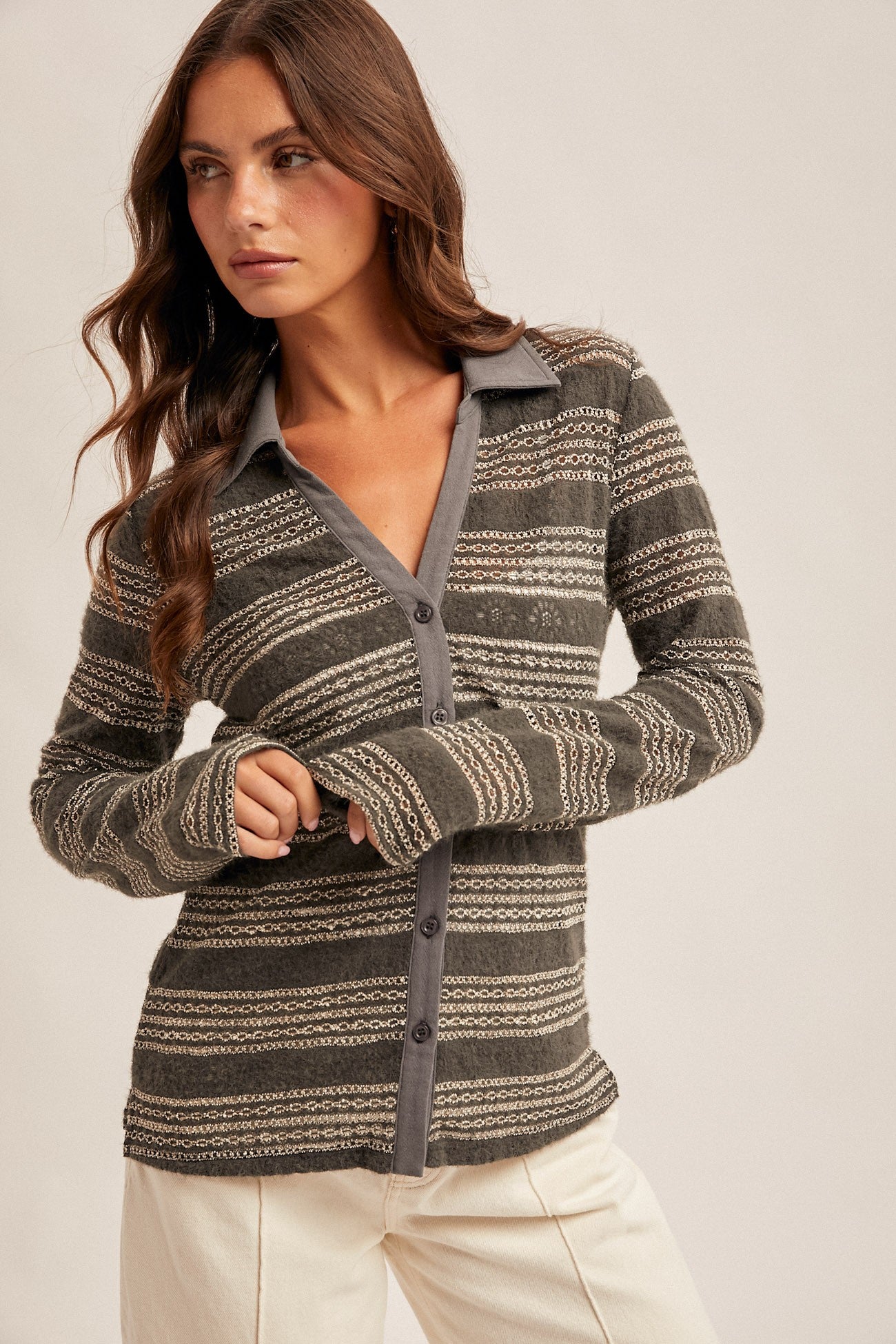 Two Tone Lace Button Shirt