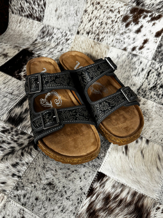 Tooled Leather Sandal Grey