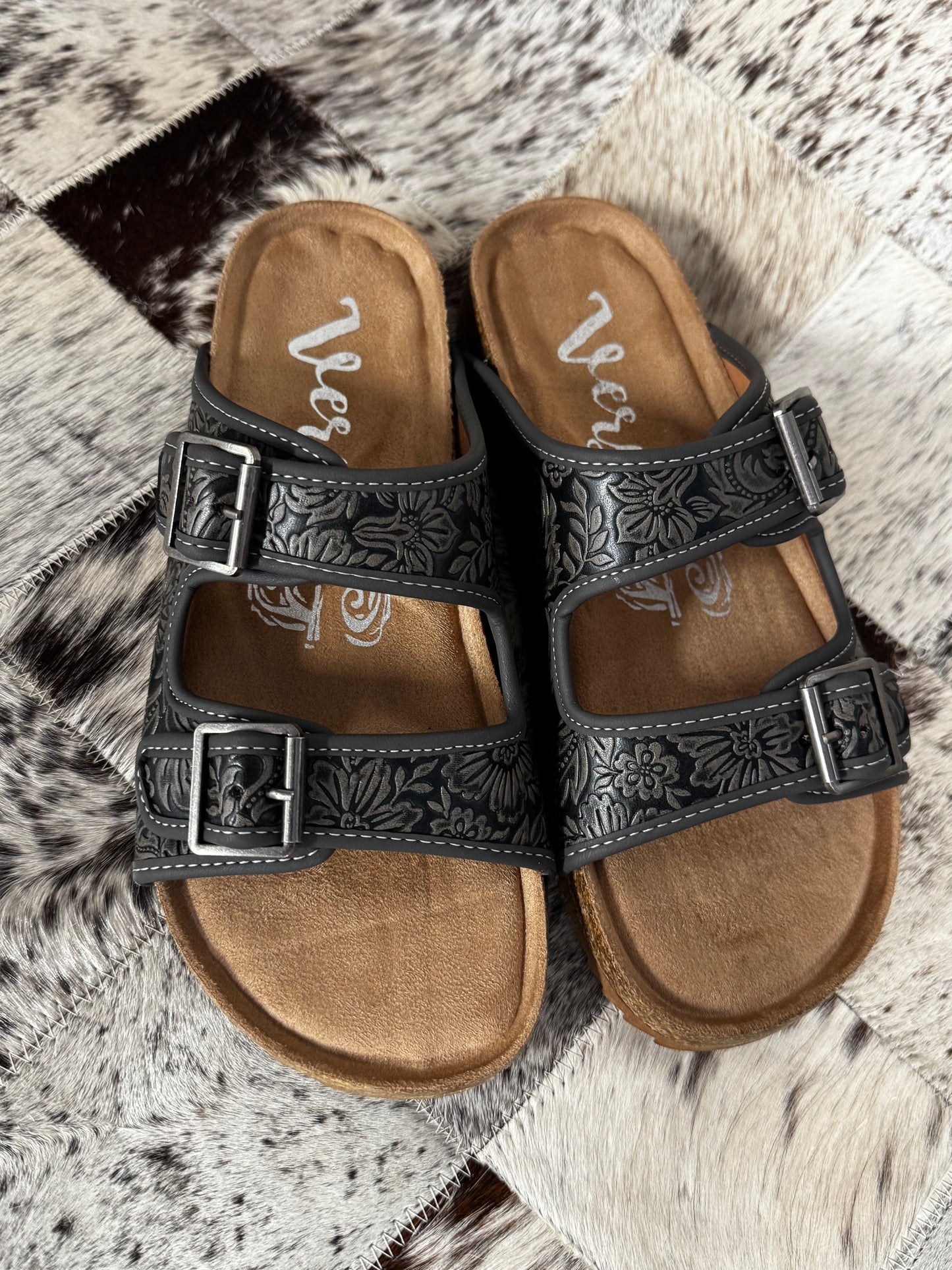 Tooled Leather Sandal Grey
