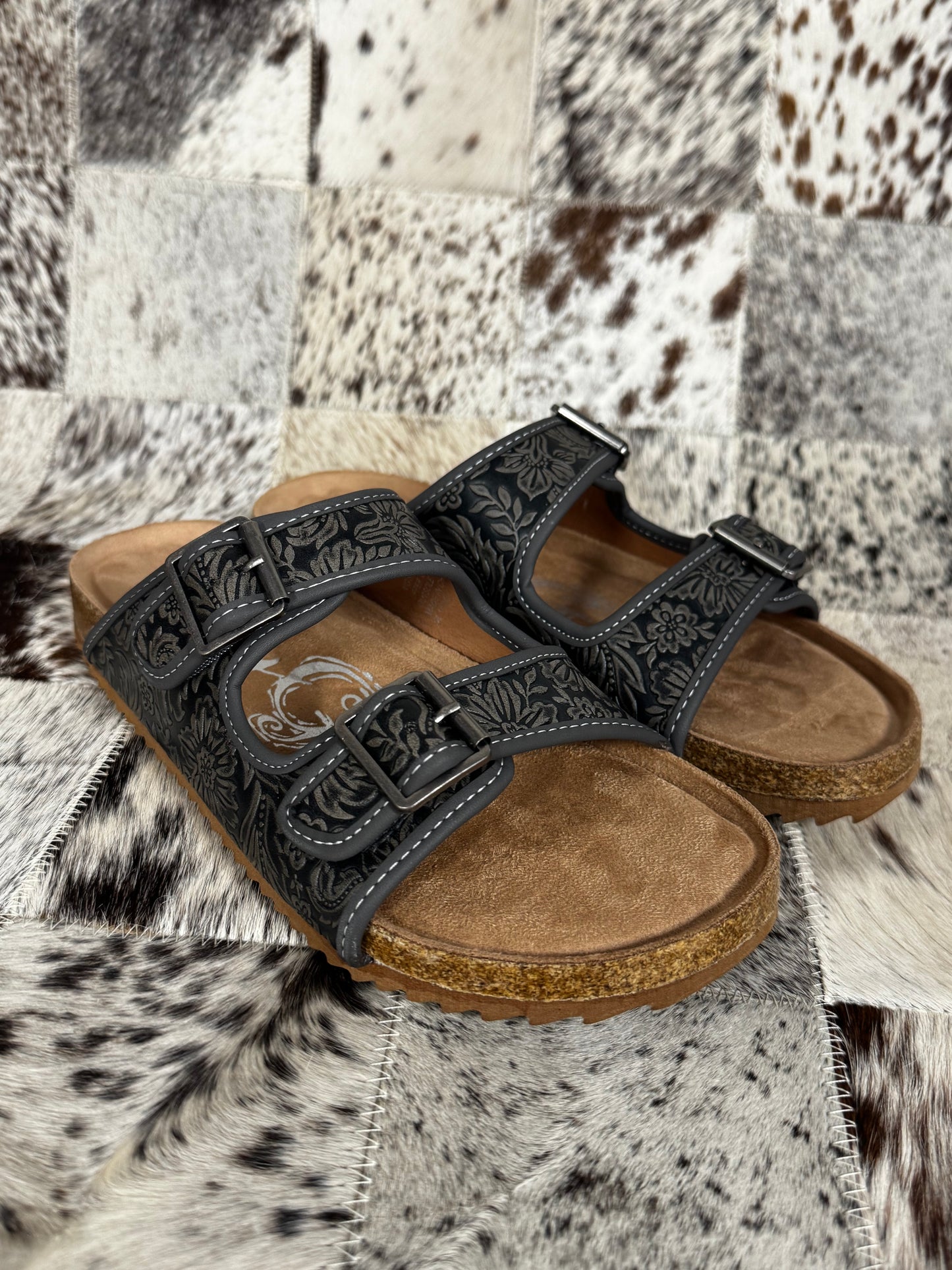 Tooled Leather Sandal Grey