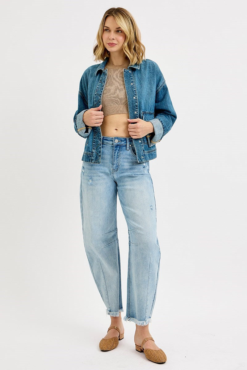 Cargo Pocket Cuffed Sleeve Denim Jacket