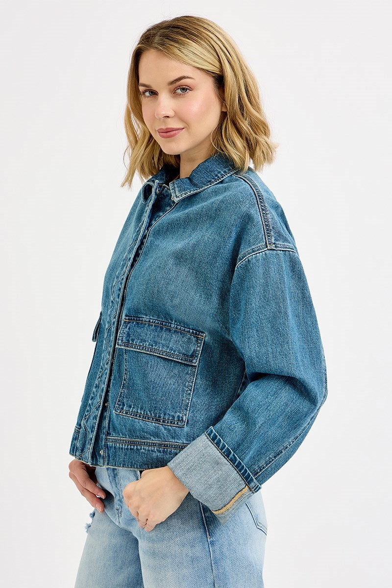Cargo Pocket Cuffed Sleeve Denim Jacket