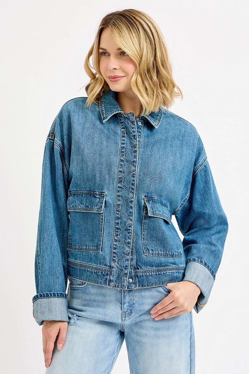 Cargo Pocket Cuffed Sleeve Denim Jacket