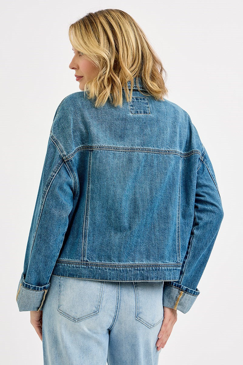 Cargo Pocket Cuffed Sleeve Denim Jacket