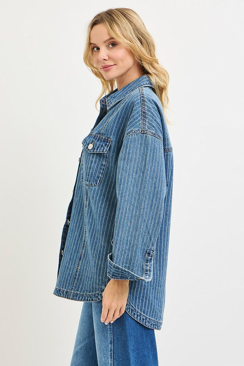 Risen Oversized Railroad Striped Denim Shacket