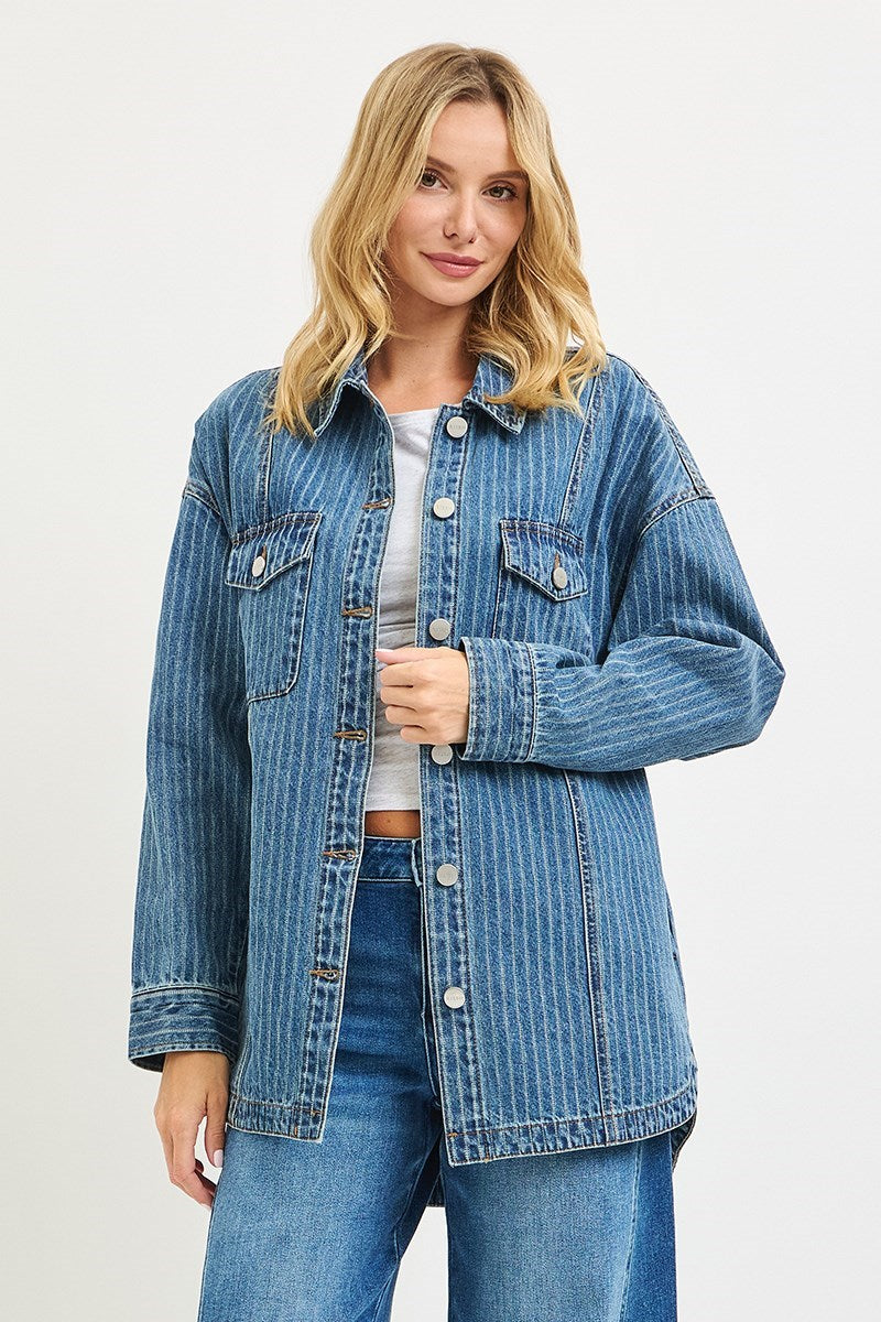 Risen Oversized Railroad Striped Denim Shacket